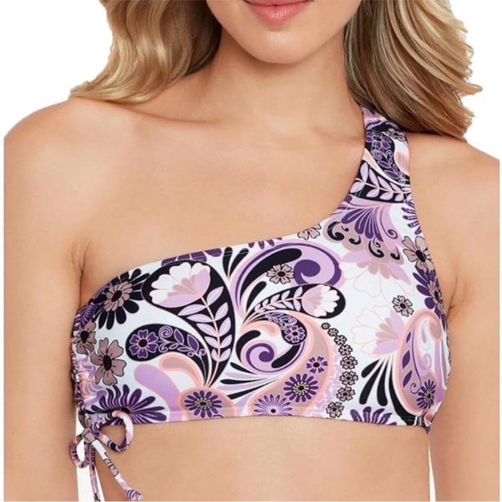 SALT + COVE Women's Printed One-Shoulder Side-Shirred Bikini Top M
